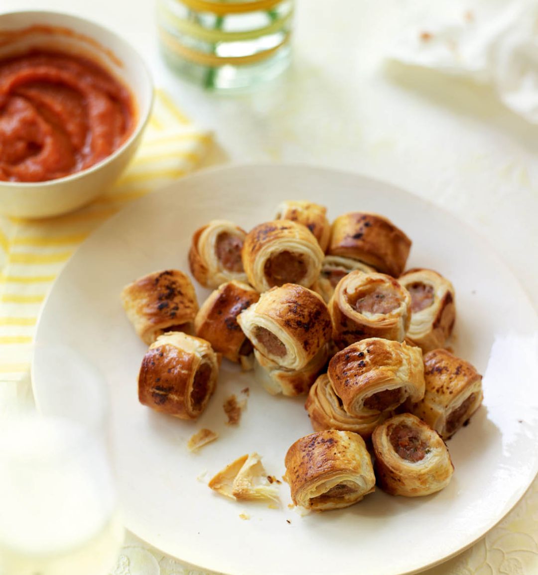 Mini sausage rolls with homemade ketchup