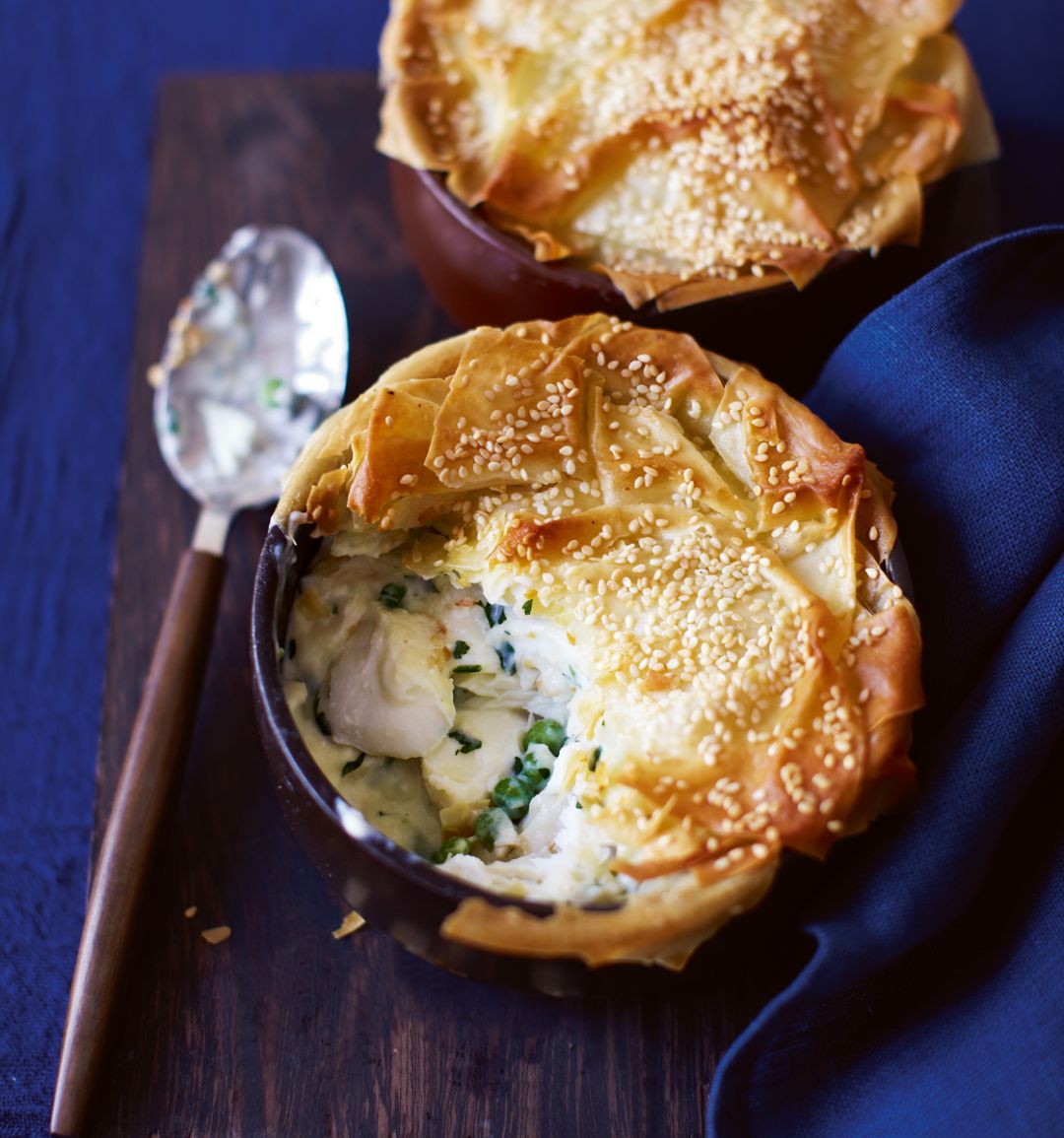 'Skinny' fish, pea and parsley pies with sesame pastry 