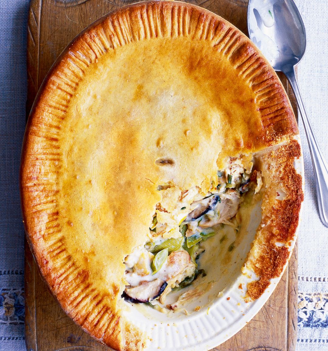 Hot-water crust chicken, leek and shiitake pie