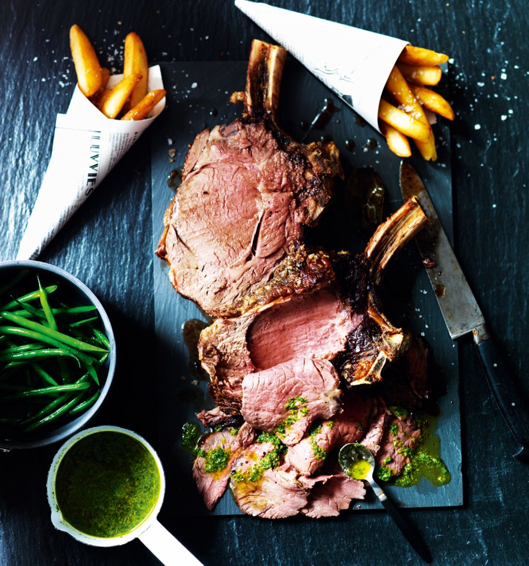 Roast ribs of beef with salsa verde