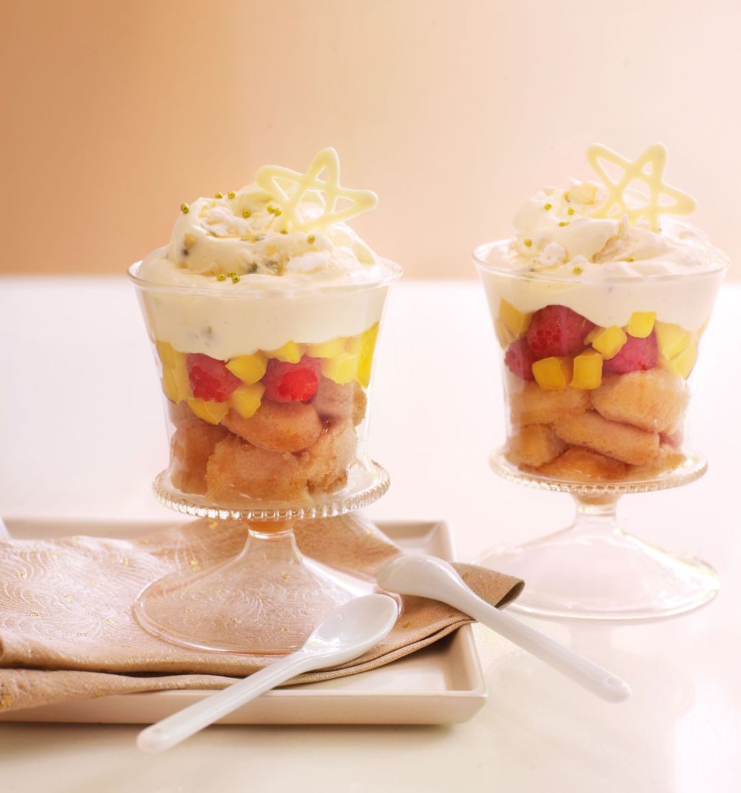 Mango, raspberry and passionfruit meringue trifles