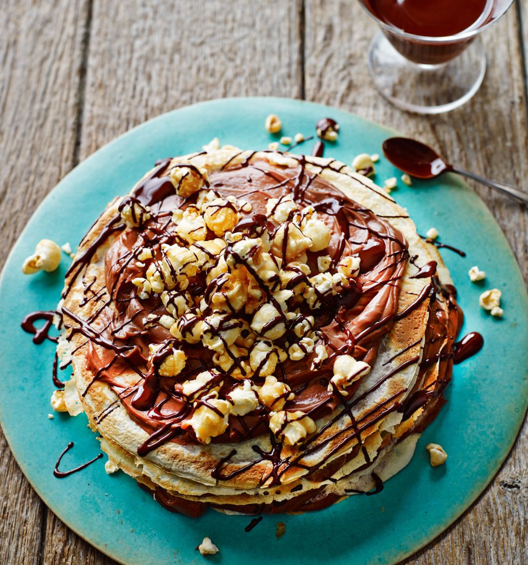 Chocolate popcorn pancake stack