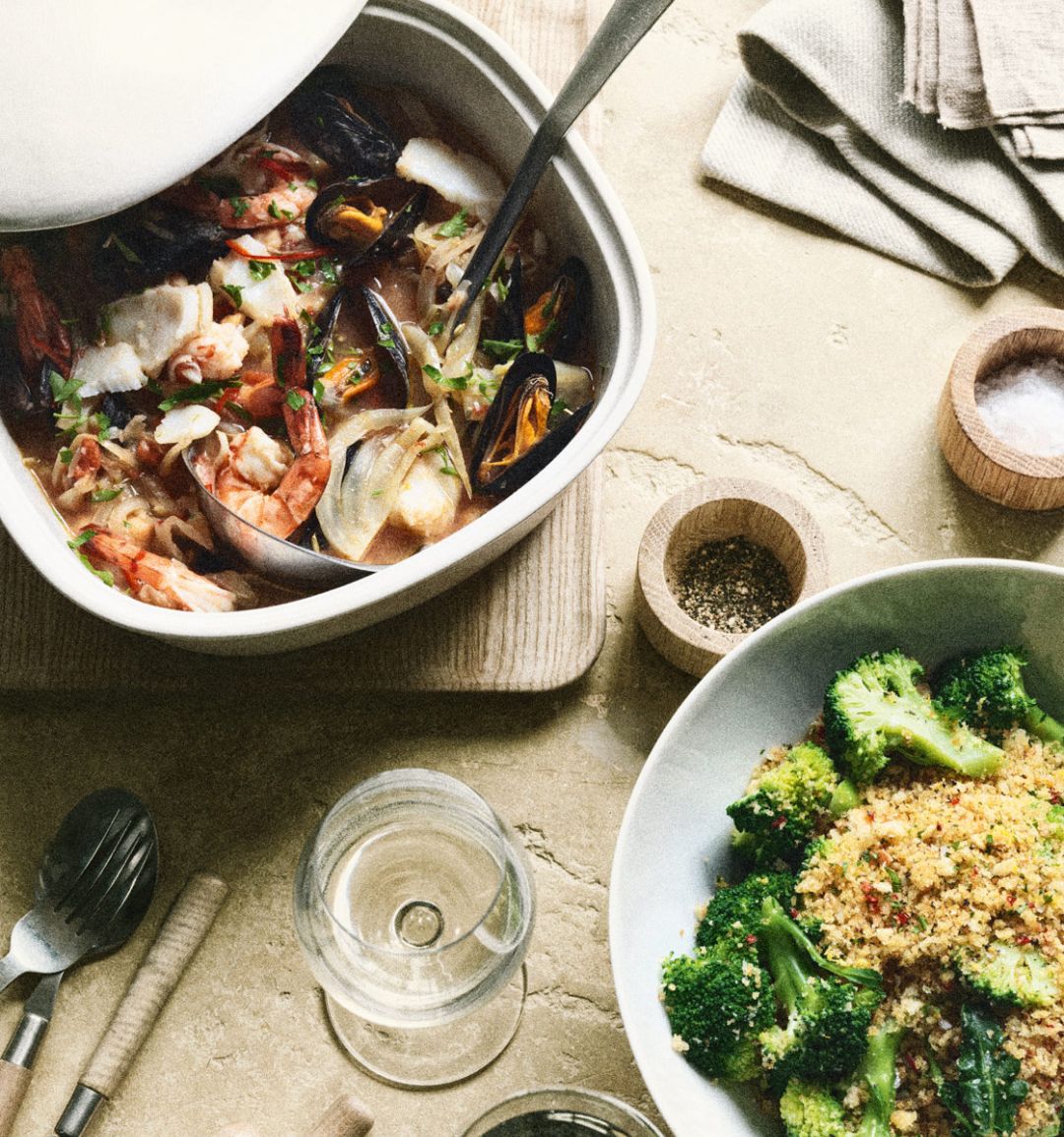 Southern Italian fish stew with broccoli pangrattato