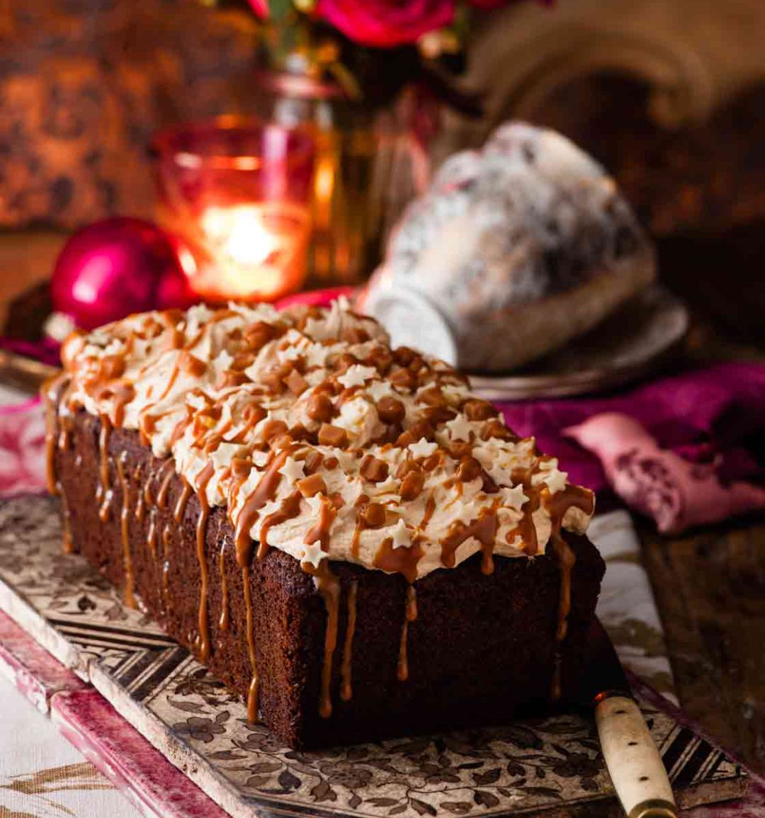 Butterscotch date loaf cake with caramel icing 