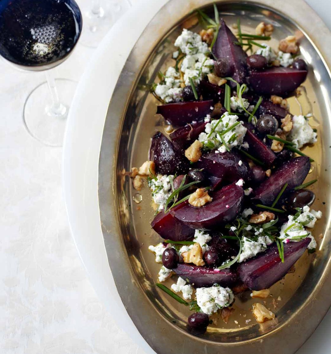 Baked beets with goats’ cheese, toasted walnuts and olives