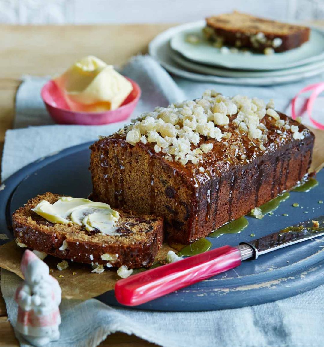 Sticky crystallised ginger, muscovado and date cake