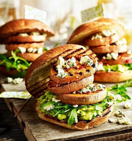 Triple sweet potato and Stilton ‘burgers’ with avocado mash 