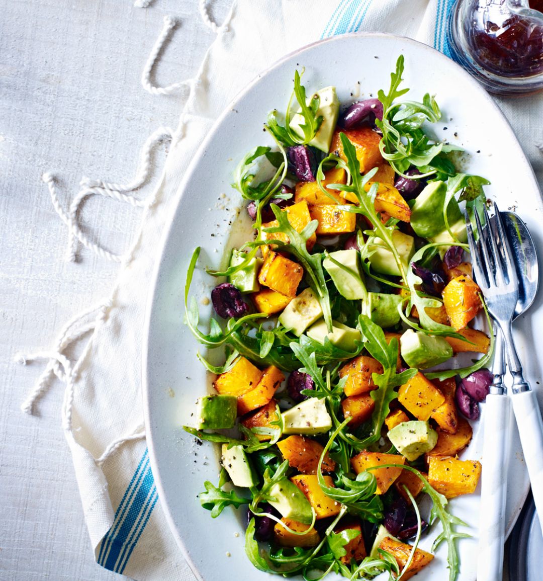 Roasted squash, olive, avocado and rocket salad