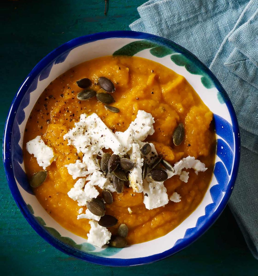 Spiced carrot and feta dip with pumpkin seeds