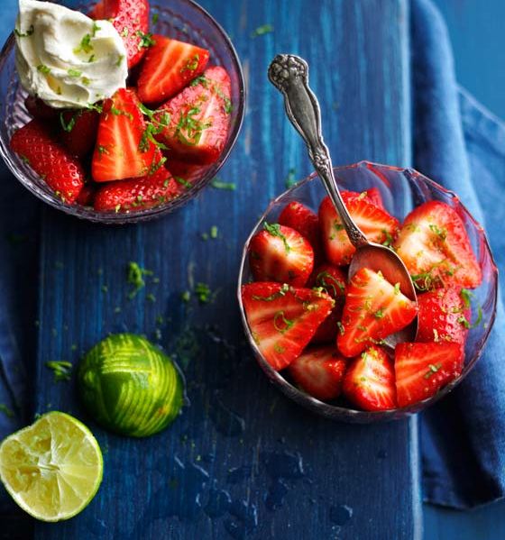 Lime and mint marinated strawberries with rum and coconut cream
