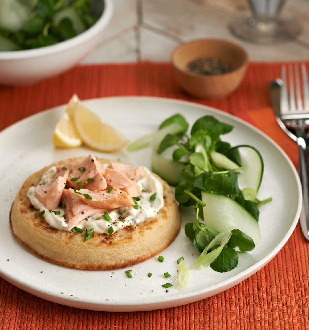 Salmon and creamy herb crumpets