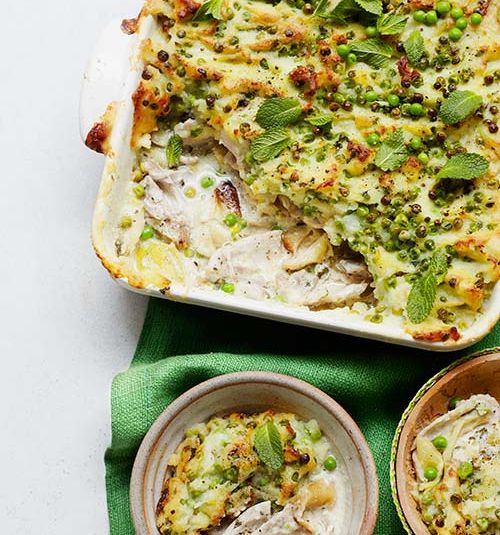 Lemon and leek chicken topped with green pea mash