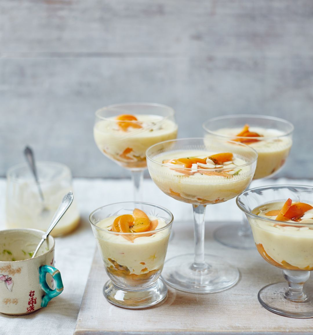 White chocolate creams with apricots, passion fruit and lime