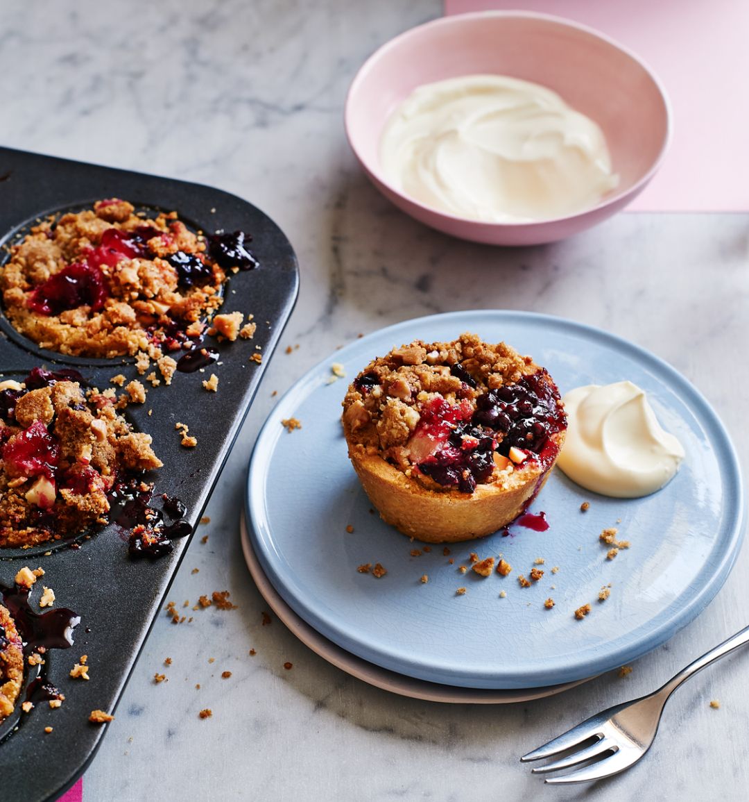 Mini apple and blackberry crumble pies