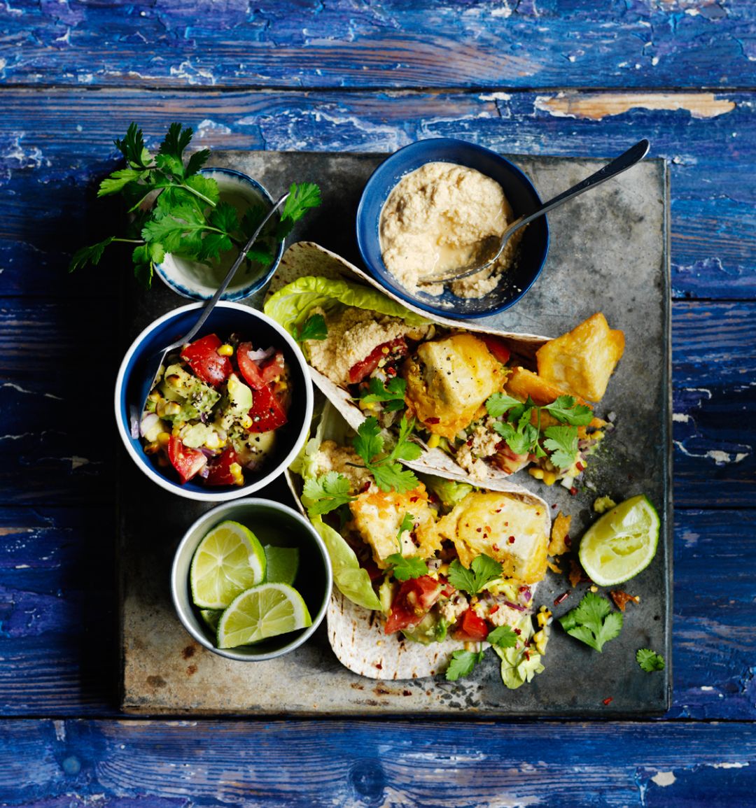 Beer-battered tofu tacos with a chipotle cashew ‘soured cream’