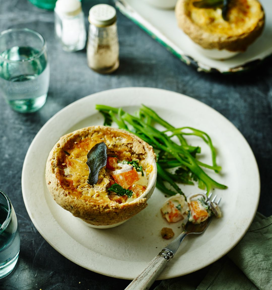 Butternut squash, Stilton and kale pies with walnut pastry