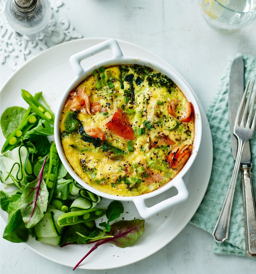 Honey roast salmon and broccoli crustless quiche