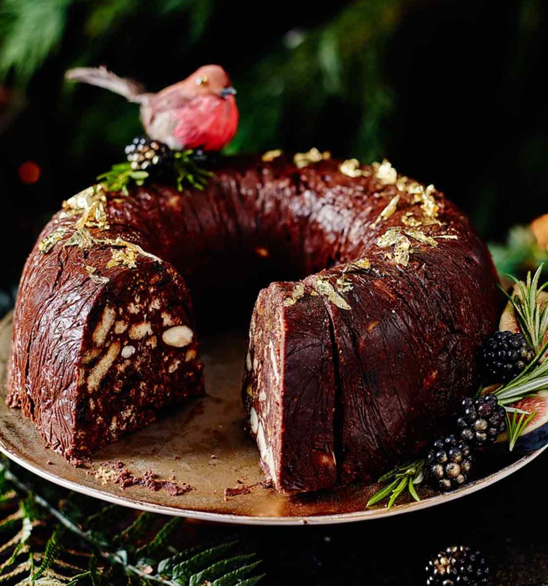 Fruit and nut chocolate wreath