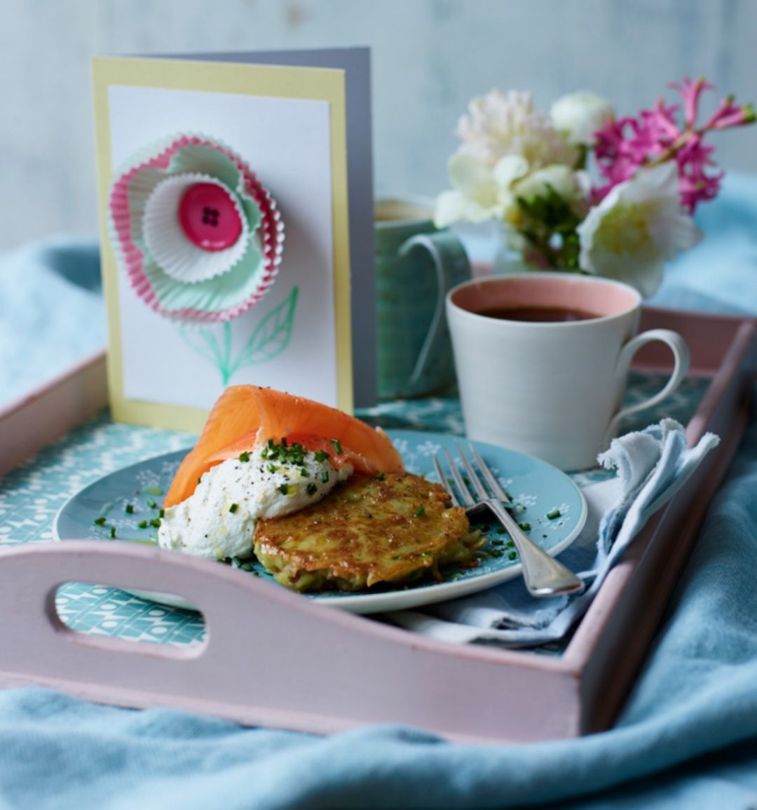 Breakfast potato fritters with smoked salmon