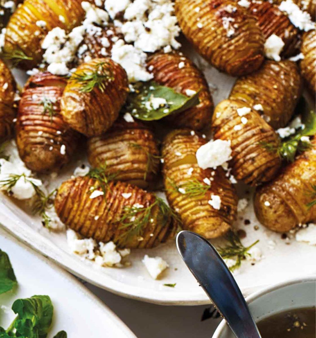Hasselback potatoes with smoked salt and feta