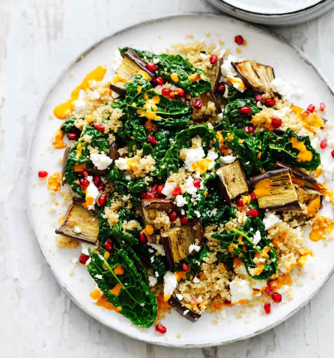 Feta, aubergine, pomegranate and harissa salad
