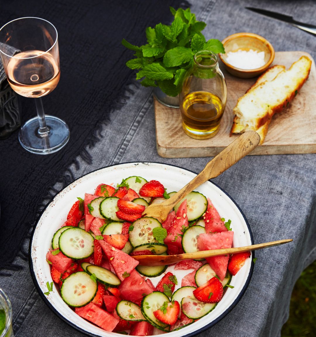 John Whaite's watermelon, cucumber and strawberry salad with gin splash