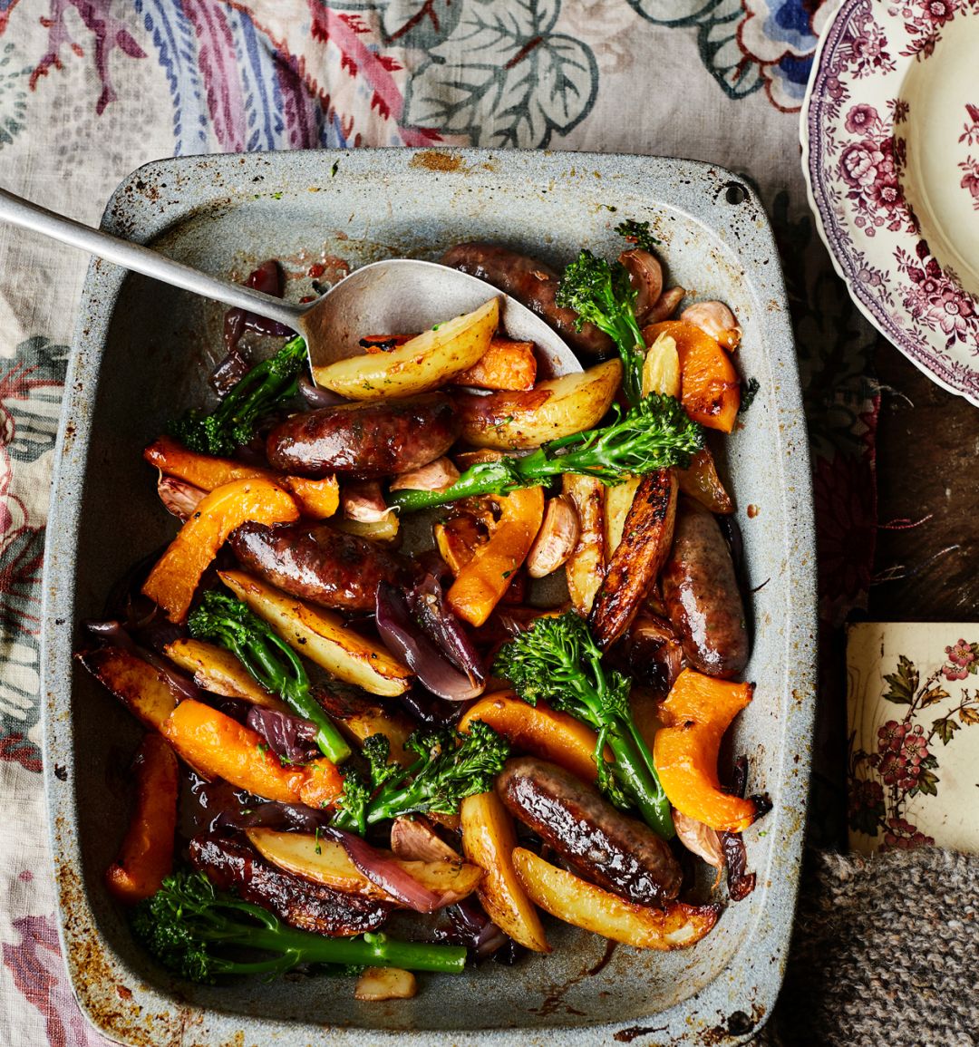 Venison sausage and squash traybake 