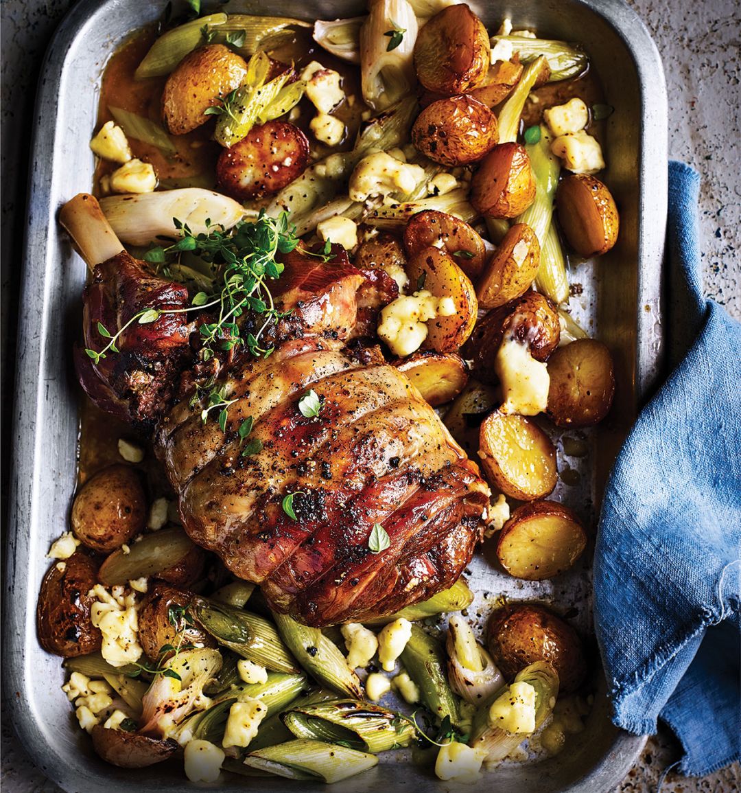 Spring roast lamb with leeks and Caerphilly  