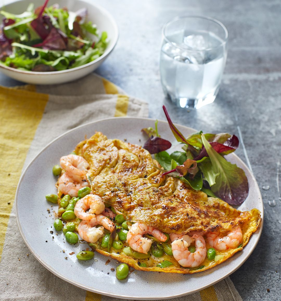 Prawn, edamame and spring onion omelette