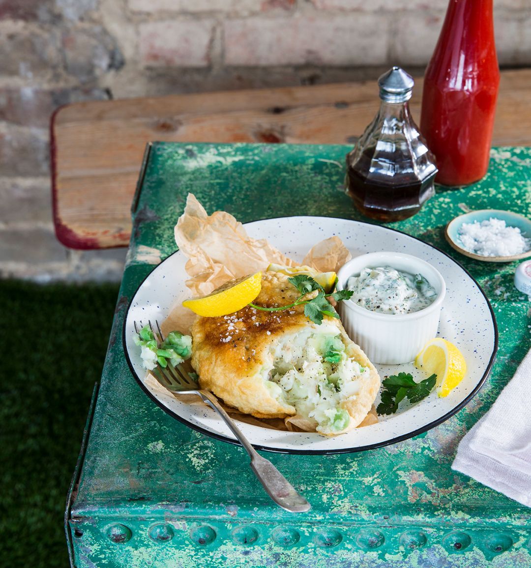 Battered haddock and mushy pea fishcakes with homemade tartare sauce