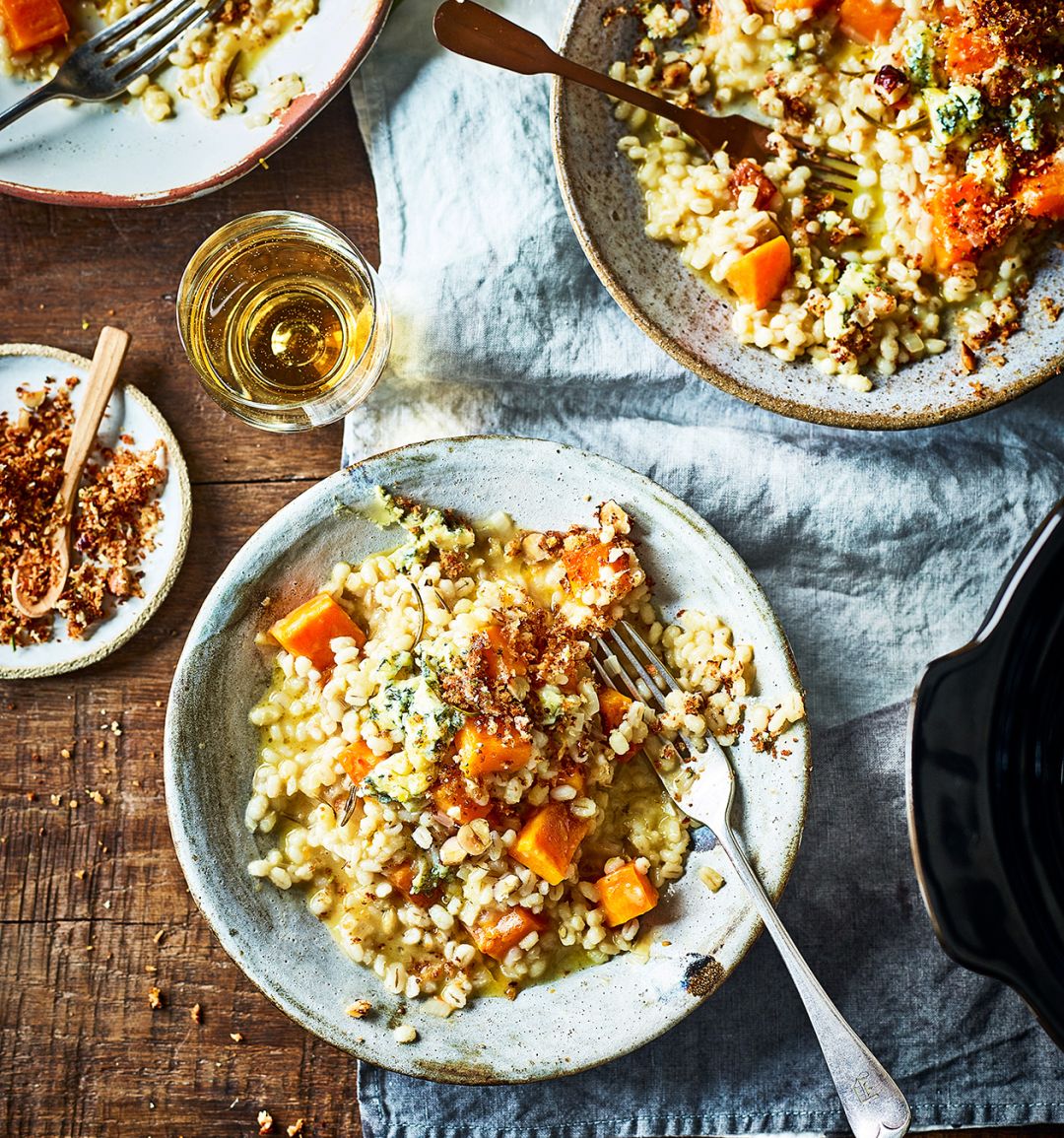 Slow cooker pearl barley risotto with blue cheese and squash