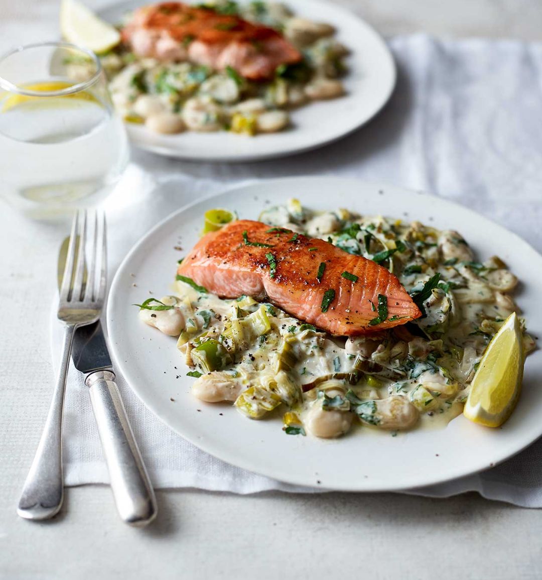 Salmon with creamy leeks and butter beans