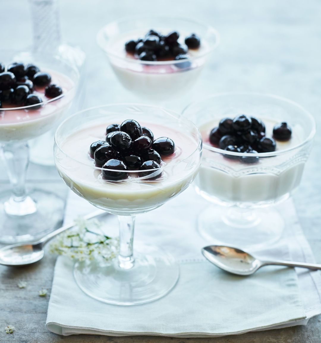 Elderflower panna cotta with glazed blueberries