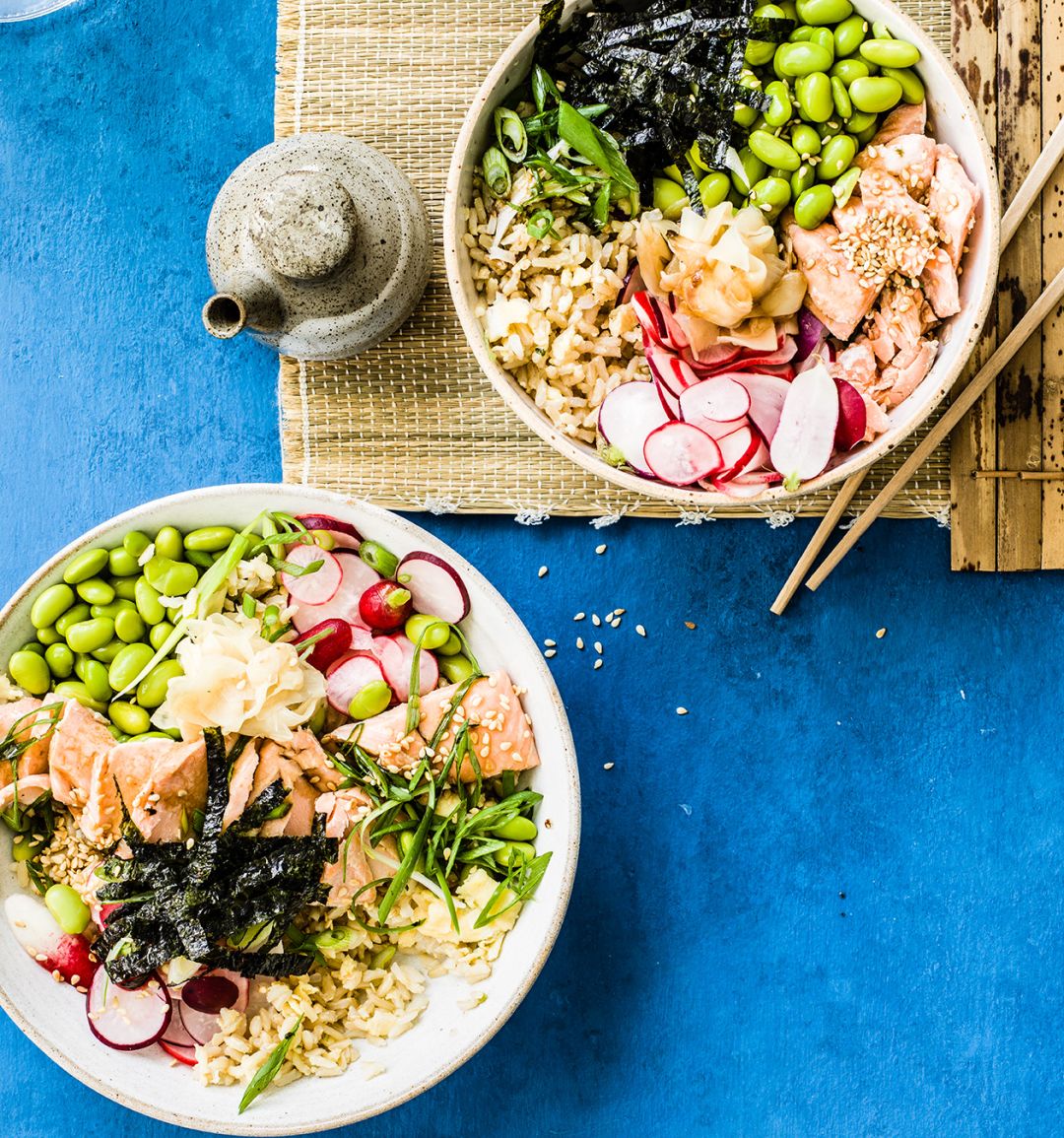 Salmon, egg and brown rice bowls