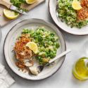 BACON CRUMBED COD WITH MINTY-CRUSHED NEW POTATOES AND PEAS