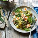 Warm Jersey Royal salad with hot-smoked trout and herby vinaigrette