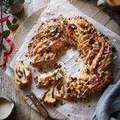 Chocolate, cranberry & pistachio sweet bread wreath