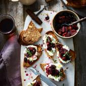 Walnut bruschetta with whipped ricotta & roasted red wine grapes