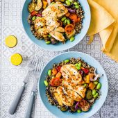 Halloumi and rainbow veg grain bowl
