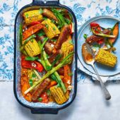 Cajun-spiced veggie-sausage traybake