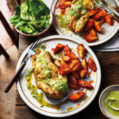 Spiced spatchcock poussin with harissa potatoes