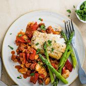 Butter bean, pepper and chorizo sauté with seared cod and asparagus
