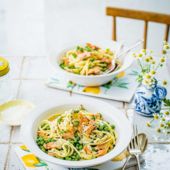 Smoked trout and pea cacio e pepe