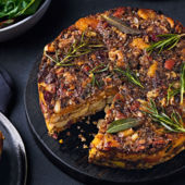 Root veggie nut roast with chestnut gravy