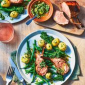 Rack of lamb with anchovy salsa and spring vegetables