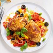 Crispy chicken thighs with peperonata