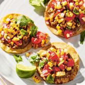 Charred corn and tomato tostadas with smoked mussel purée