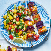 Sticky halloumi skewers with mango kachumber salad