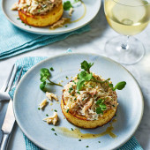 Crab crumpets with brown butter and watercress
