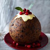 Cranberry gingerbread Christmas pud with ginger sauce
